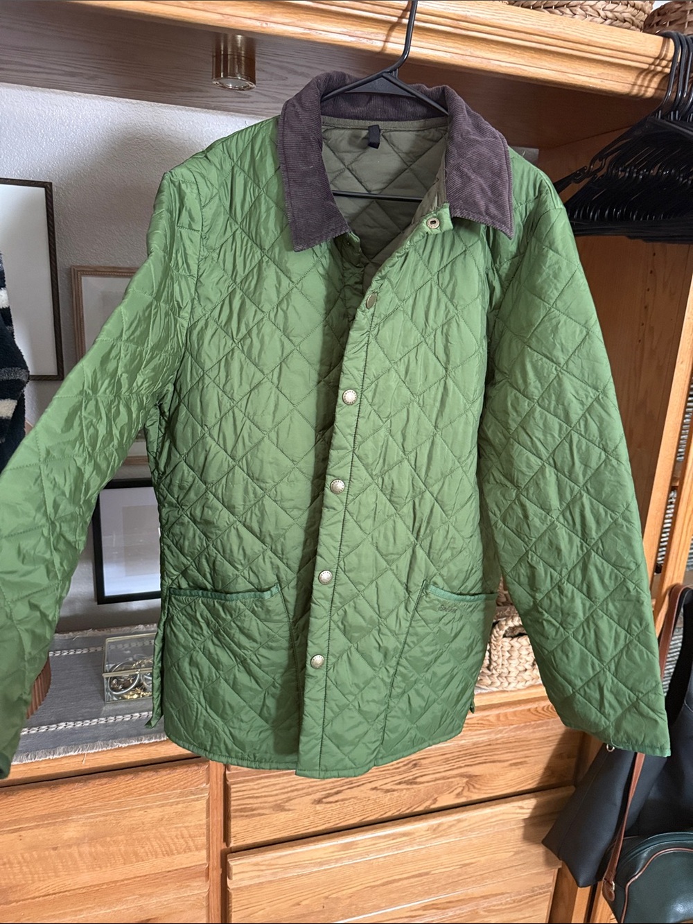 Barbour Olive Green Quilted Jacket with Dark Brown Collar